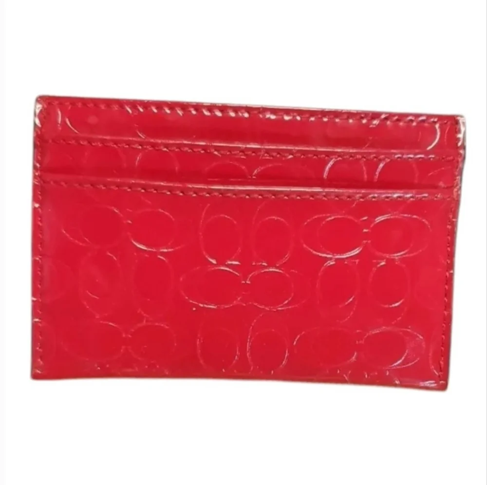Coach Embossed Liquid Gloss Card Case Skinny Wallet Red Shiny F62544 EUC